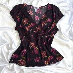 Nine & Co Nine West Paisley Floral Mesh V-Neck Empire Waist Blouse Top Black XL